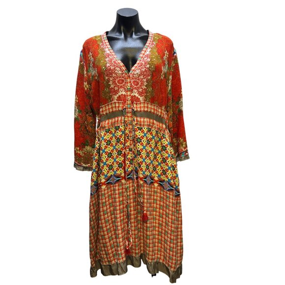 Johnny Was Red Multi-Print Long-Sleeve Silk Dress L - Picture 6 of 9